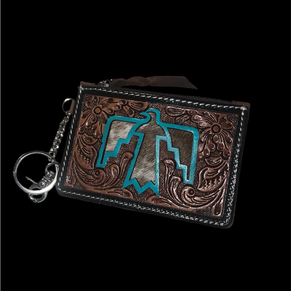 Brown and Teal Leather Keychain Wallet